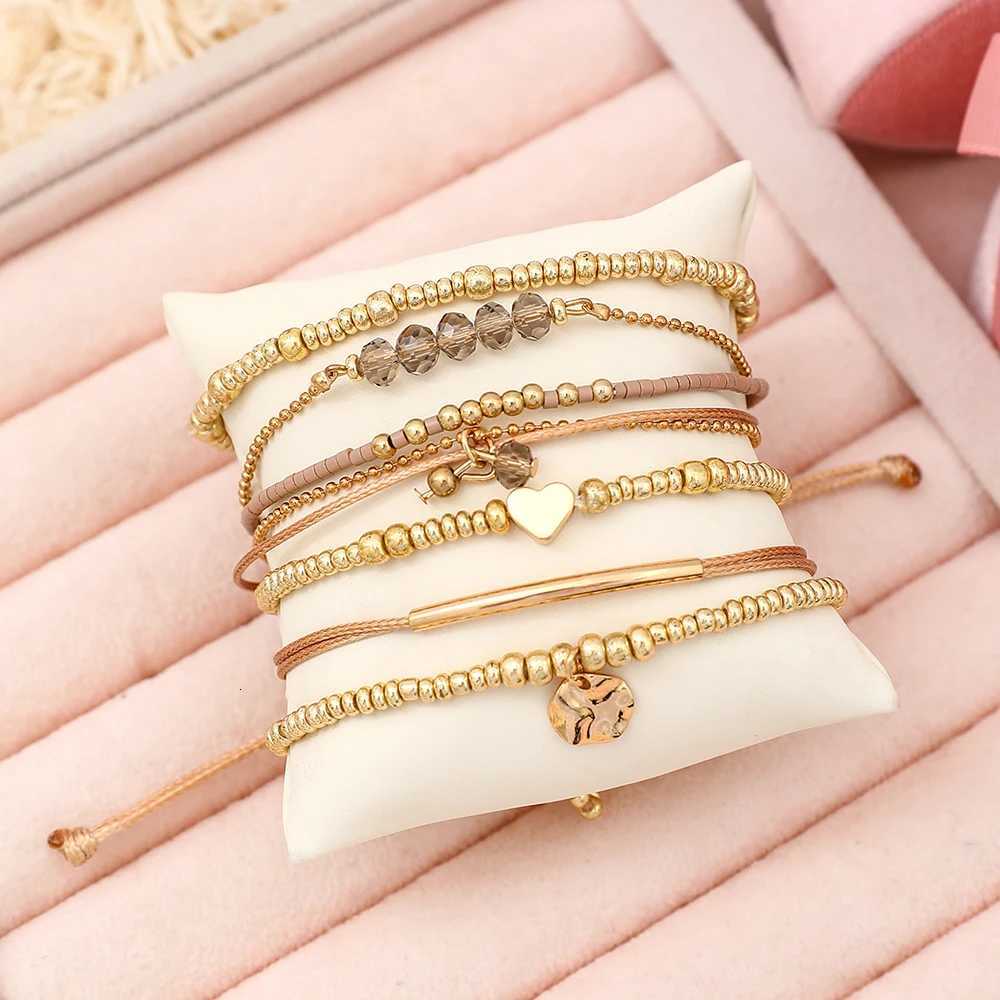 7Pcs/Set Bohemian Style Heart Beads Round Pendant Adjustable String Beads Bracelet CCB Elastic Bracelet Set For Women W250728