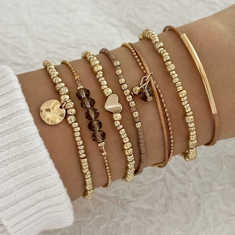 7Pcs/Set Bohemian Style Heart Beads Round Pendant Adjustable String Beads Bracelet CCB Elastic Bracelet Set For Women W250728