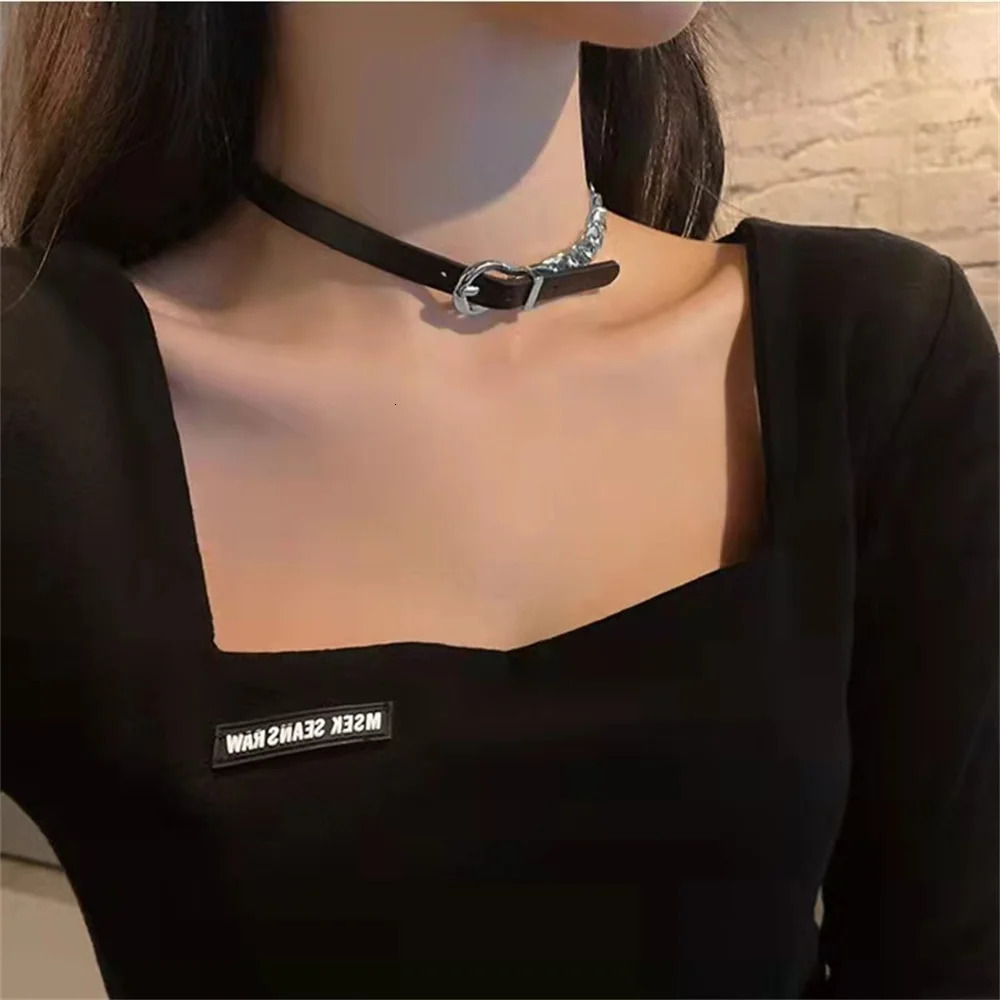 Kpop Black Leather Choker Stainless Steel Cuban Clavicle Chain Collar For Women Goth Ladies Jewelry Wholesale 250723