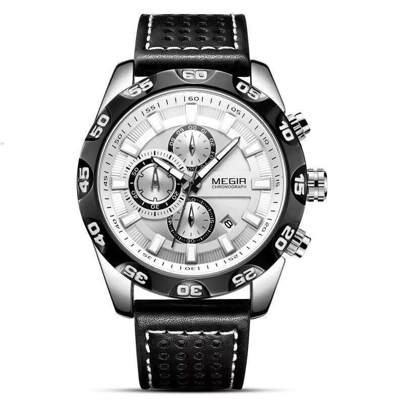 MEGIR Men's Fashion Chronograph Watch - Genuine Leather, Waterproof, Luminous, 47mm Watch