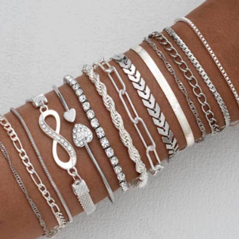 14Pcs/Set Bohemian Multi-layer Chain Bracelets for Women Retro Minimalist Metal Thick Twist Cuban Chain Bracelet Summer Jewelry W250728