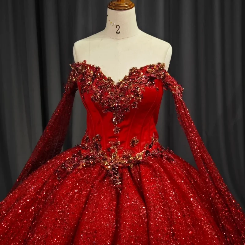 Red Shiny Princess Quinceanera Dresses Appliqued Lace Beading Crystal With Cape Tull Sweet 16 Dress Sweetheart Ball Gown Vestidos 15 Anos