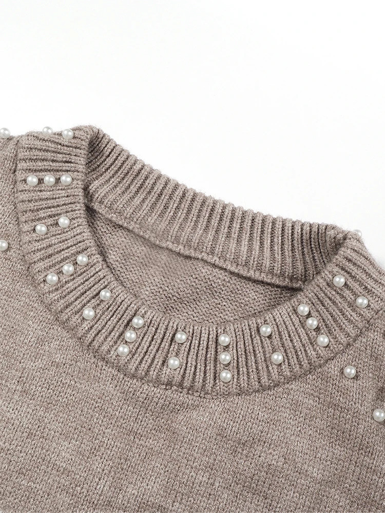 Plus Size Smokey Gray Womens Pearl Dropped Shoulder Crew Neck Sweater Choice for Autumn and Winter 250728