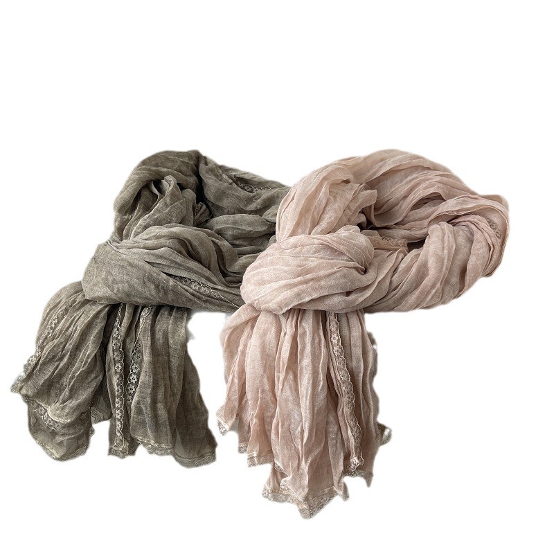 K1503 Linen lace cotton and linen thin scarf women's winter shawl spring and autumn fashionable neck scarf solid color gauze scarf