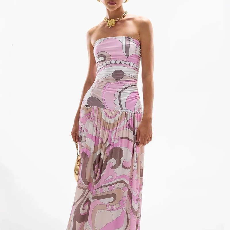 Sexy Strapless High Waisted Pleated Dress Casual Backless Hollow Summer Long Dresses Pink Pattern Printed Womens Evening Dress 250728