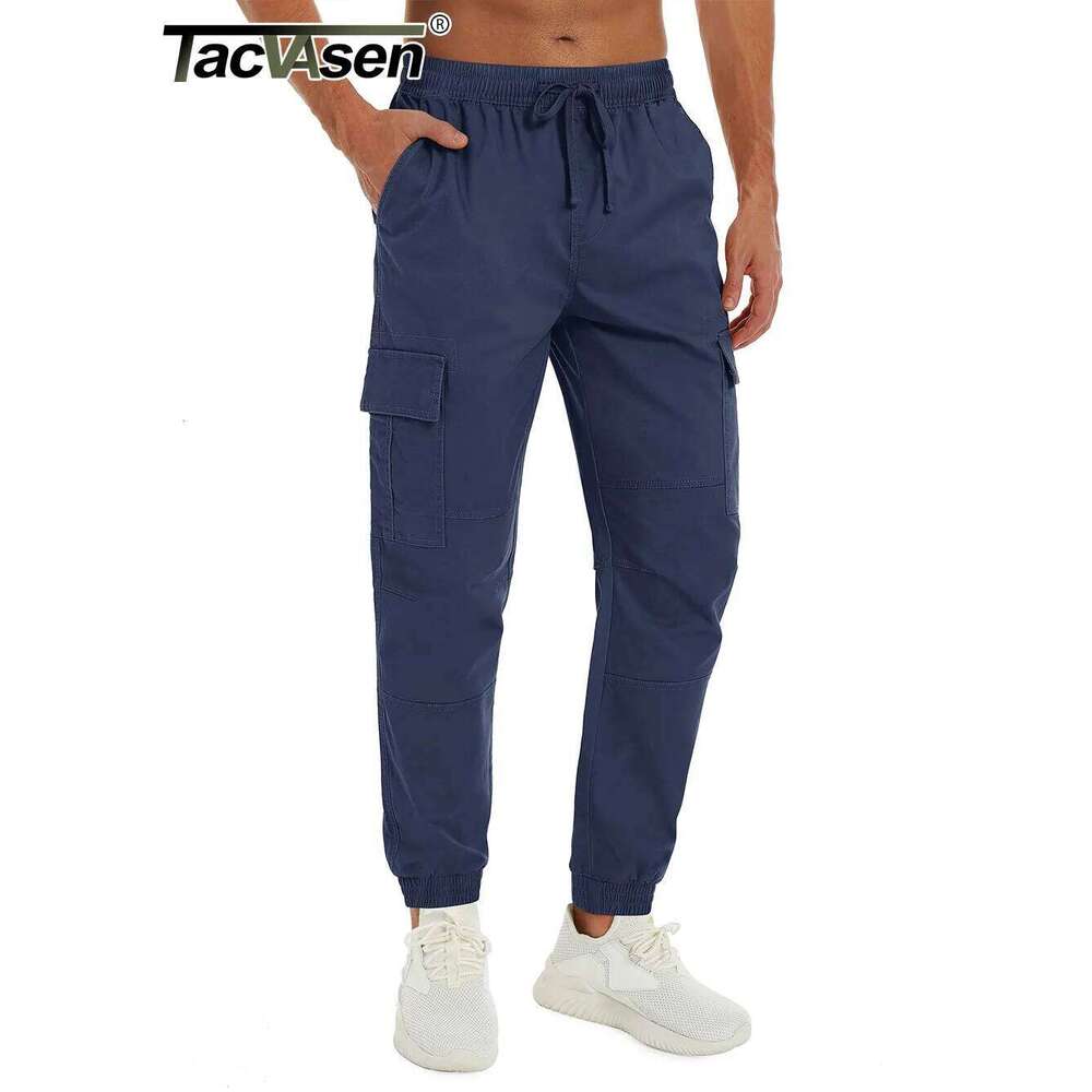 TACVASEN Cotton Cargo Mens Casual Multi-Pockets Working Pants Elastic Waist Drawstring Trekking Hiking Pant Work Trousers