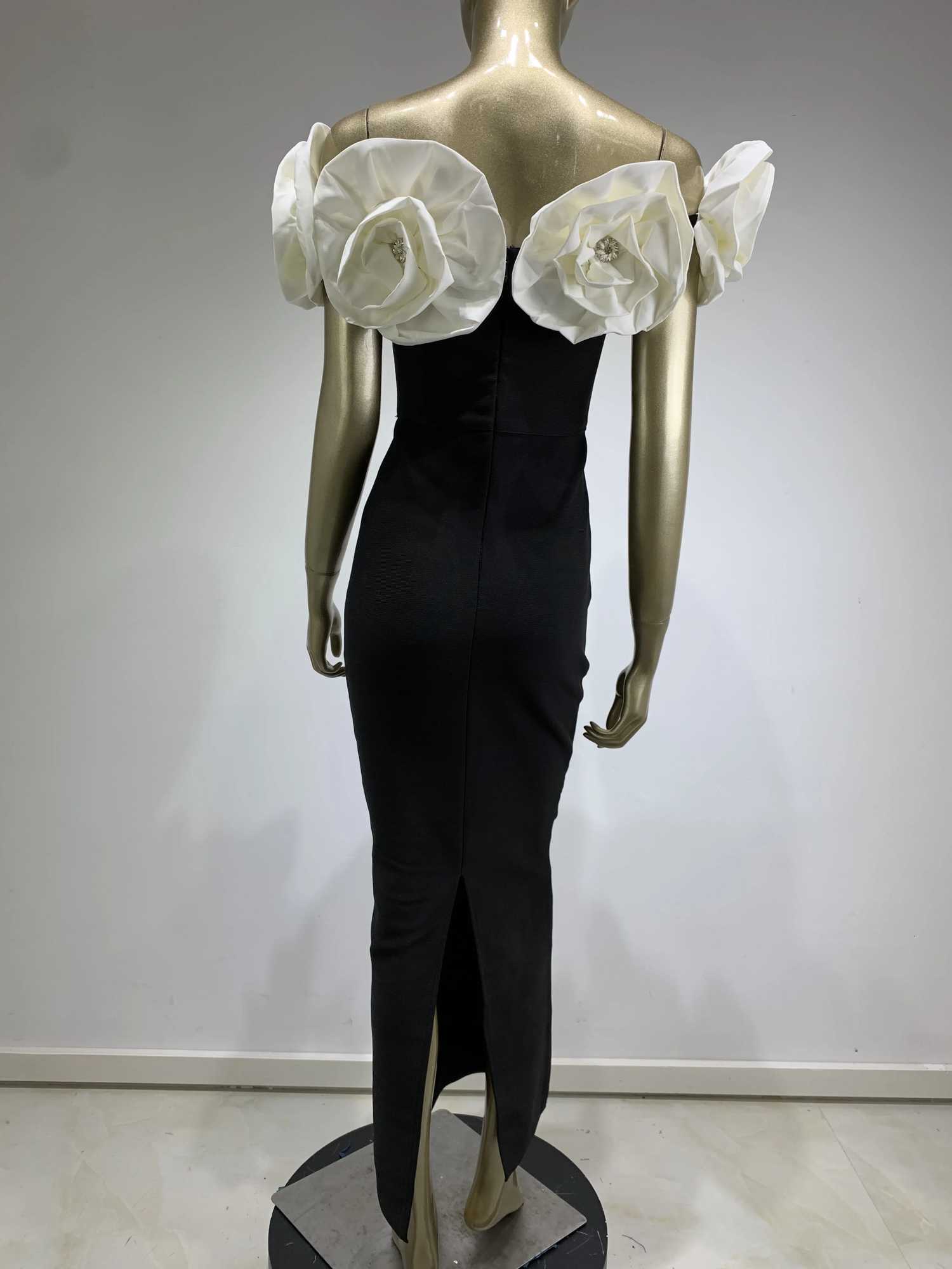 2024 Women Celebrity Sexy Off Shoulder Flower Black Maxi Long Bodycon Bandage Dress EleGant Evening Club Party Dress Z250728