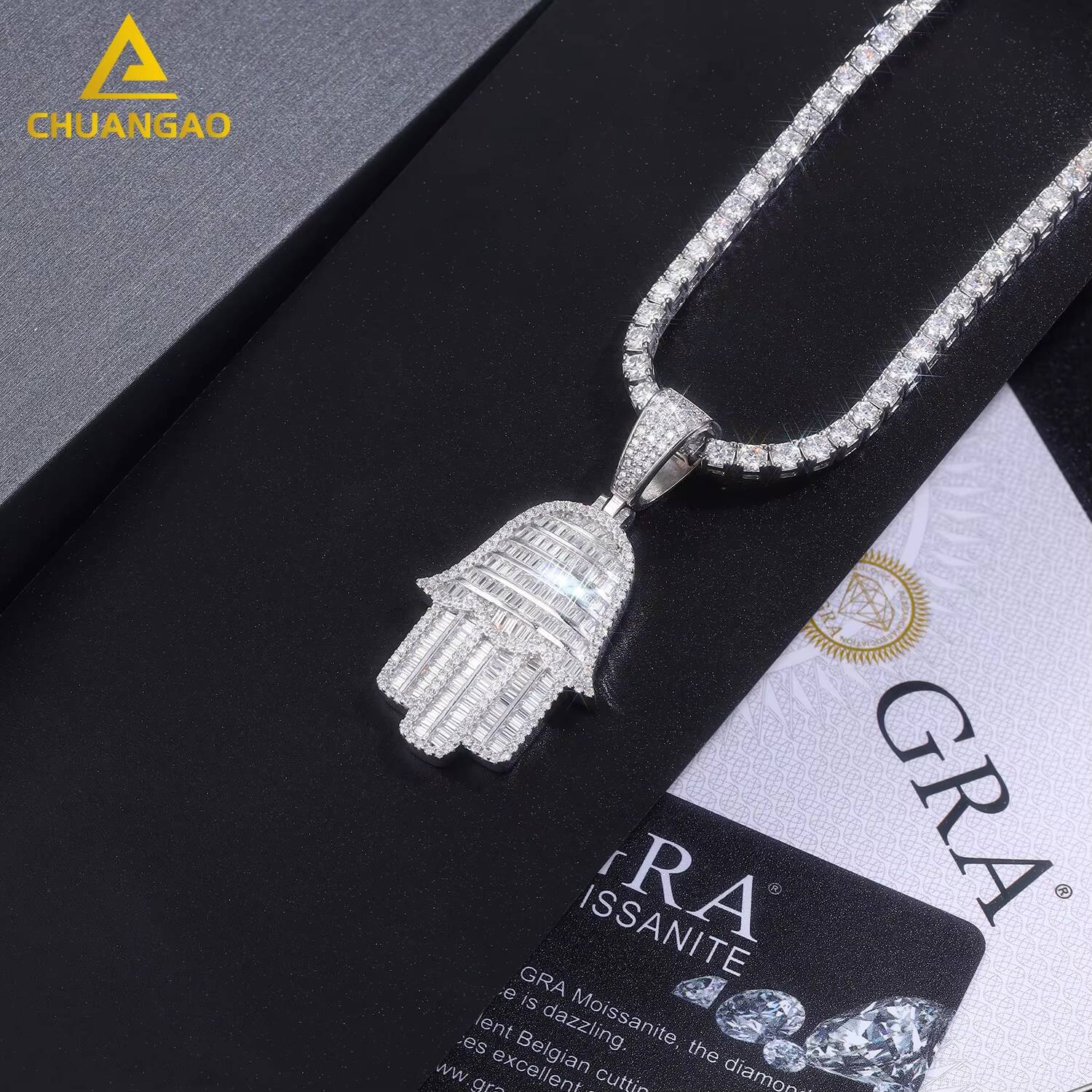9k 14k 18k White Gold Plated Tapered Baguette Cut Lab Grown Diamond Necklace for Wedding or Party by Palm Fashion Necklaces