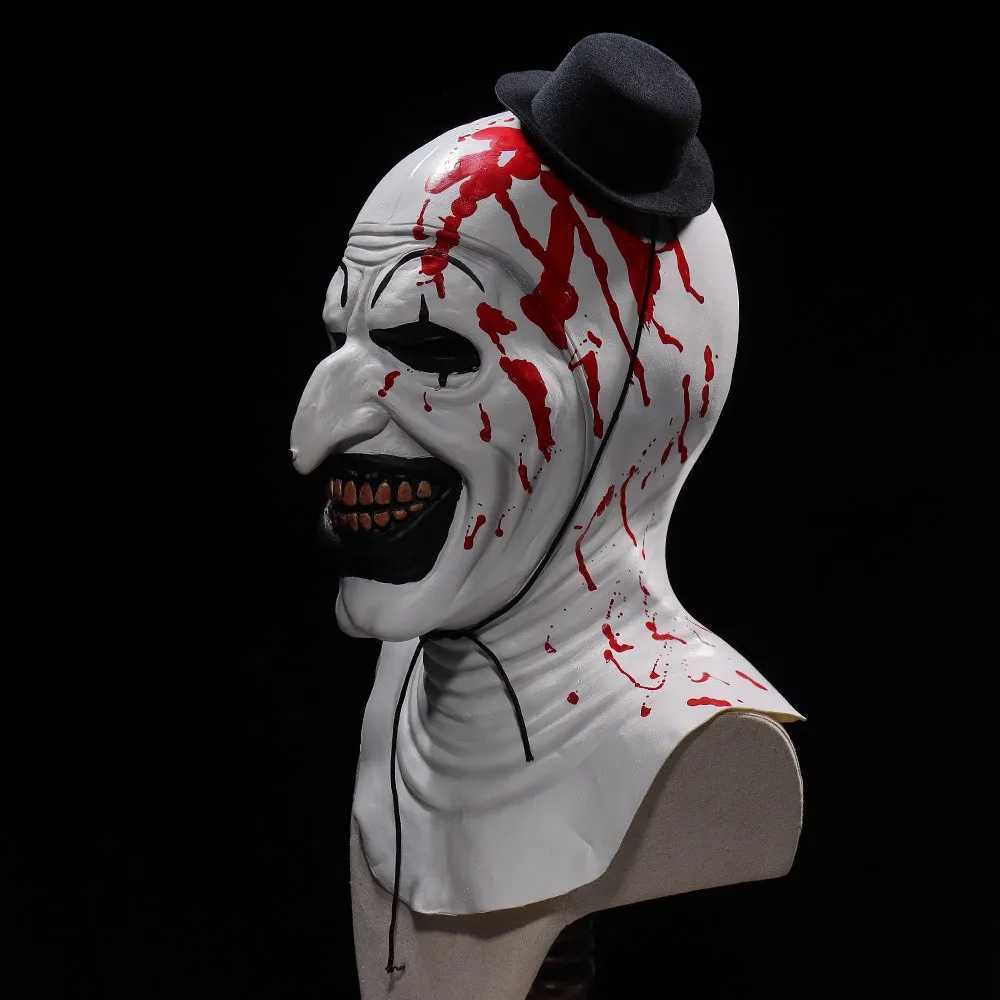 Horror Terrifier Art The Clown Mask Cosplay Creepy Bloody Demon Evil Joker Hat Latex Helmet Halloween Party Costume Props XJ250728