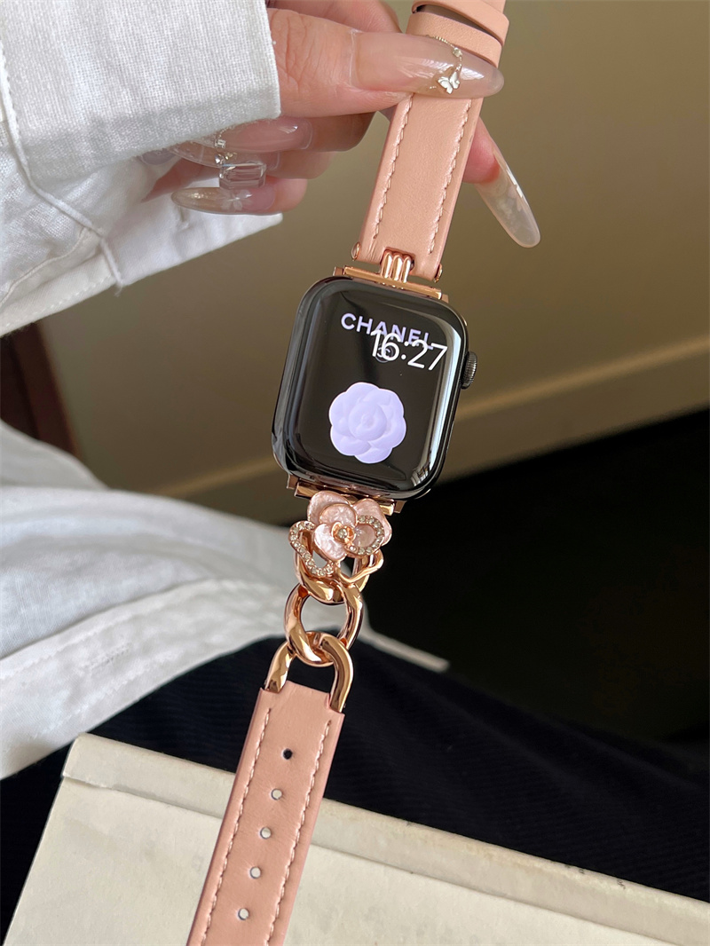 Luxury camellia flower designer apple watch band for iWatch series 10 9 8 7 6 5 4 3 ultra 2 Fashion Leather Smart Straps 42mm 38mm 40mm 44mm 41mm 45mm