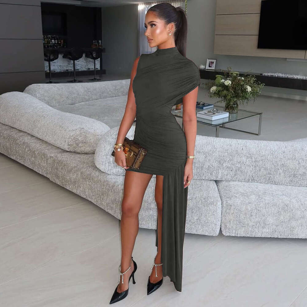 2025 Spring Summer New Fashion Slim Fit Round Neck Ruched Bodycon Irregular Sleeveless Dress Wholesale