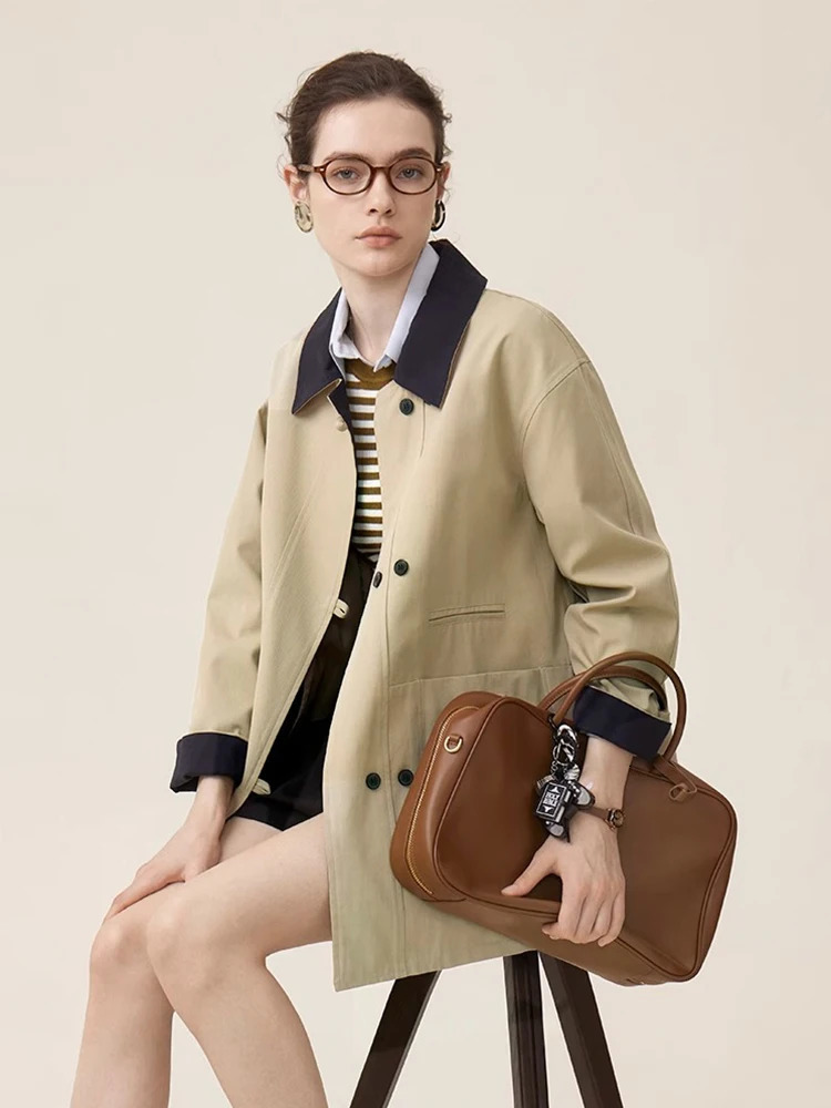 British Style Womens MidLength Trench Coat Contrast Collar Double Breasted Loose Fit Windbreaker Spring Casual Jacket 250728