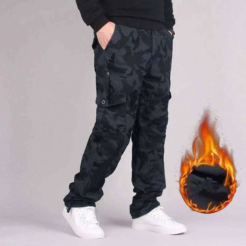 Winter Men's Cargo Double Layer Fleece Warm Thick Camouflage Tactical Long Trousers Men Baggy Casual Cotton Pants