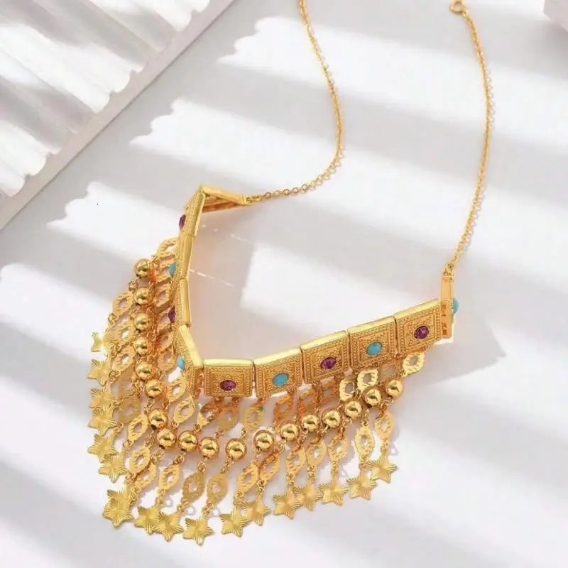 Vintage Boho 24K Gold Plated Copper Tassel Pendant Rhinestones Necklace For Women Bridal Choker Neck Jewelry Ramadan Gift 250723