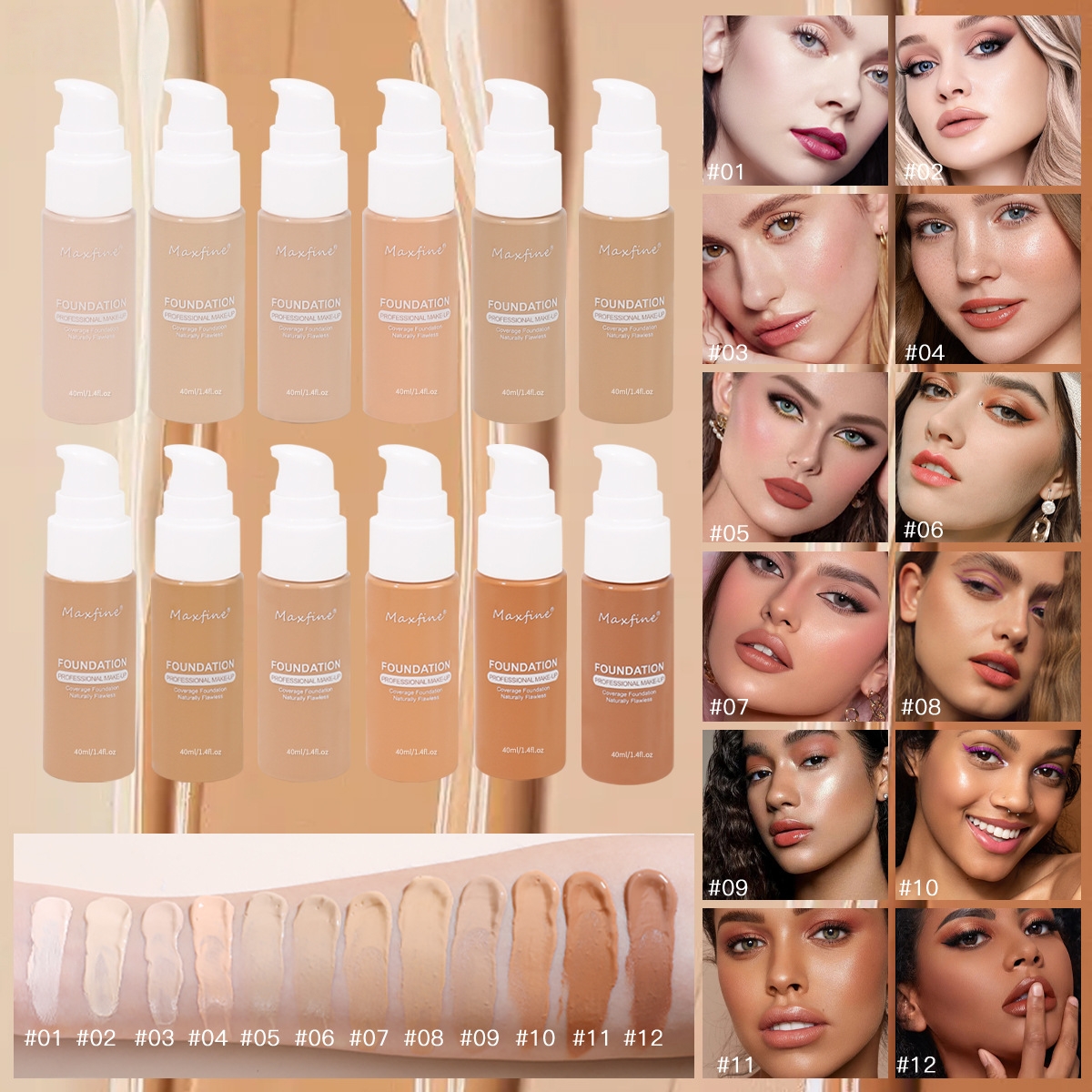 12Color Liquid Foundation Long-lasting Waterproof Face Concealer Foundation Cream Professional Matte Makeup Cosmetics Matte Liquid Foundation Oil Cont
