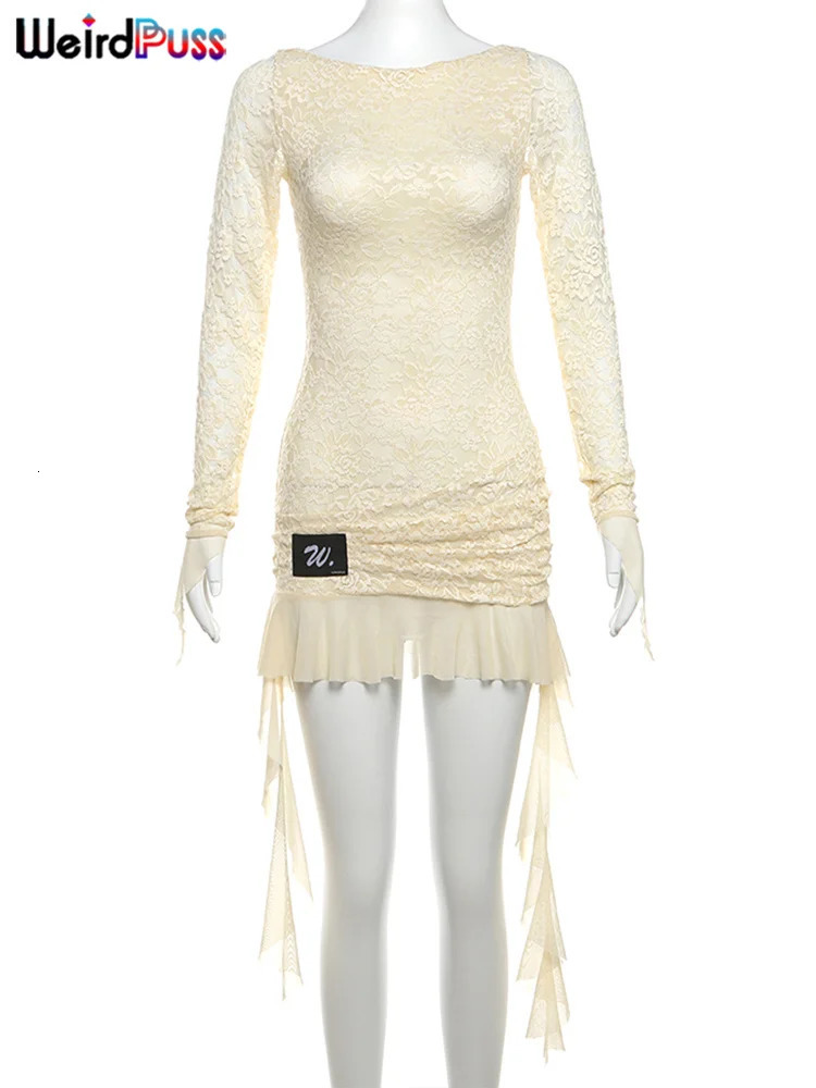 Weird Puss Lace Patchwork Dress Woman Summer Sexy See Through Bandage Backless Ruffles Long Sleeve Irregular Hem Skinny Bodycon 250728