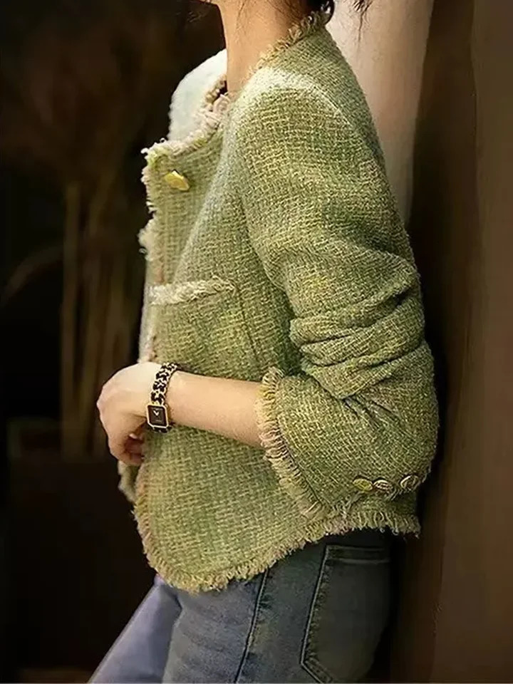 Korean Fashion Tweed Jackets Tops Women Casual Oneck Single Breasted Coats Spring Fall Elegant Long Sleeve Blouses 250728