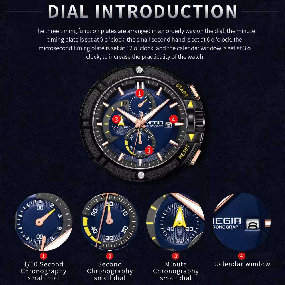 MEGIR Men's Sports Chronograph Quartz Watch - 47mm Silicone Strap, Waterproof, Luminous - Bulk Wholesale Watch