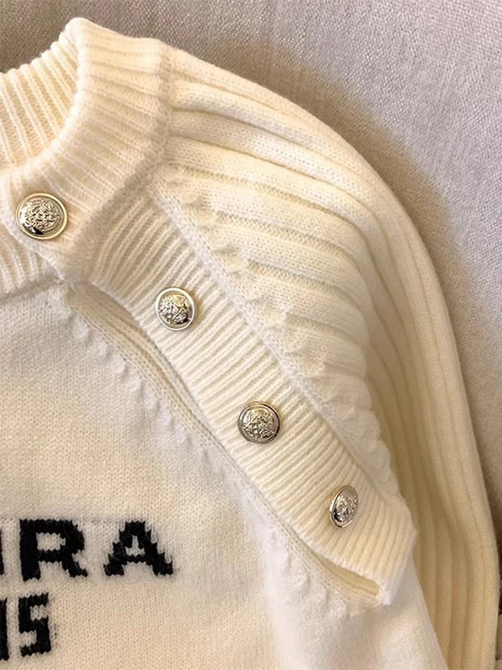 Jmprs Women Casual Letter Sweaters Loose Long Sleeve Korean Knitted Pullovers Vintage O Neck Button n Cute Sweet Tops 250728