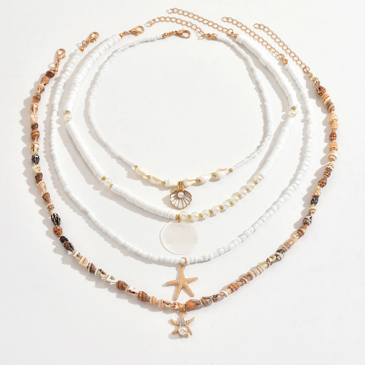 Beach Vacation Style Starfish Shell Pearl Necklace Fashion Layered Beaded Collarbone Chain Set for Women Jewelry for Women