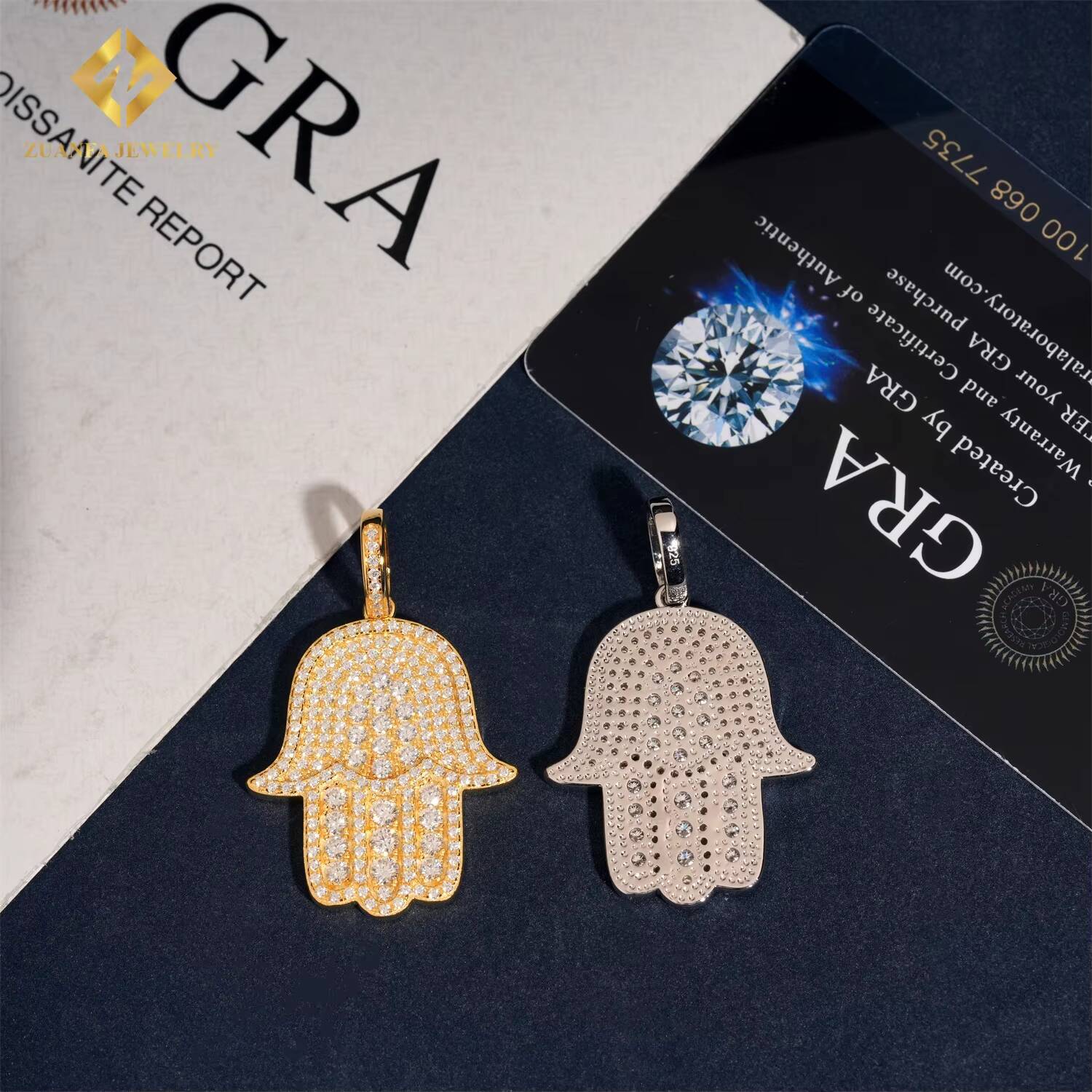Pass Tester 925 Solid Silver Hip Hop VVS Moissanite Jewelry Lucky Charm Pendant Custom Iced Out Diamond Hamsa Hand Pendant