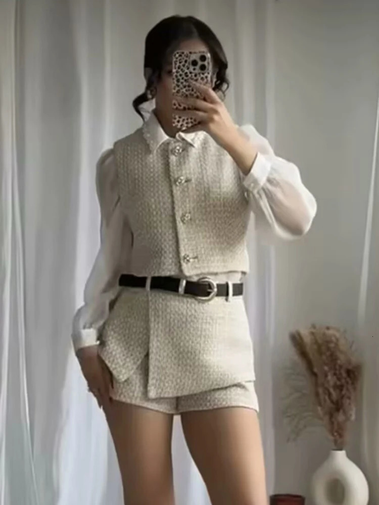 Fashion Women Elegant Tweed Belt Shorts Suits High Waist Vest Two Piece Set for Female Vintage Outfits 250728