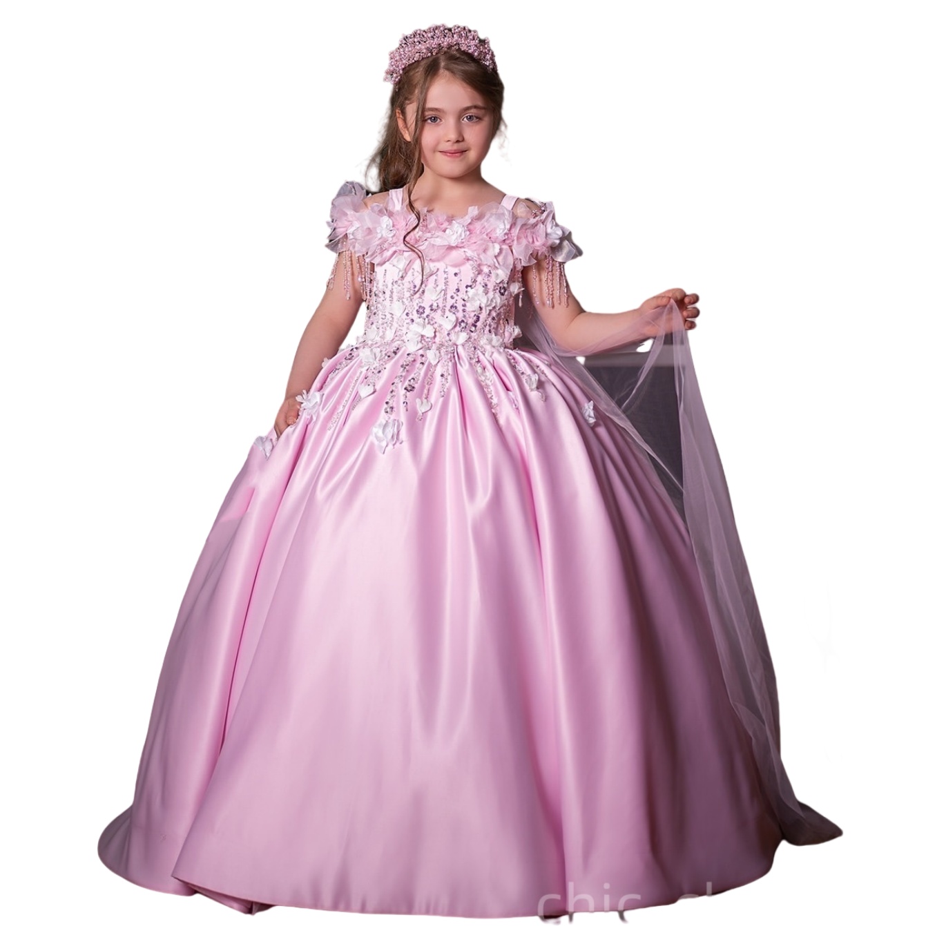 2025 Pink Spaghetti Flower Girl Dresses Ball Gown Flowers Beaded Crystals Satin Little Girl Christmas Peageant Birthday Christening Tutu Dress Gowns Z