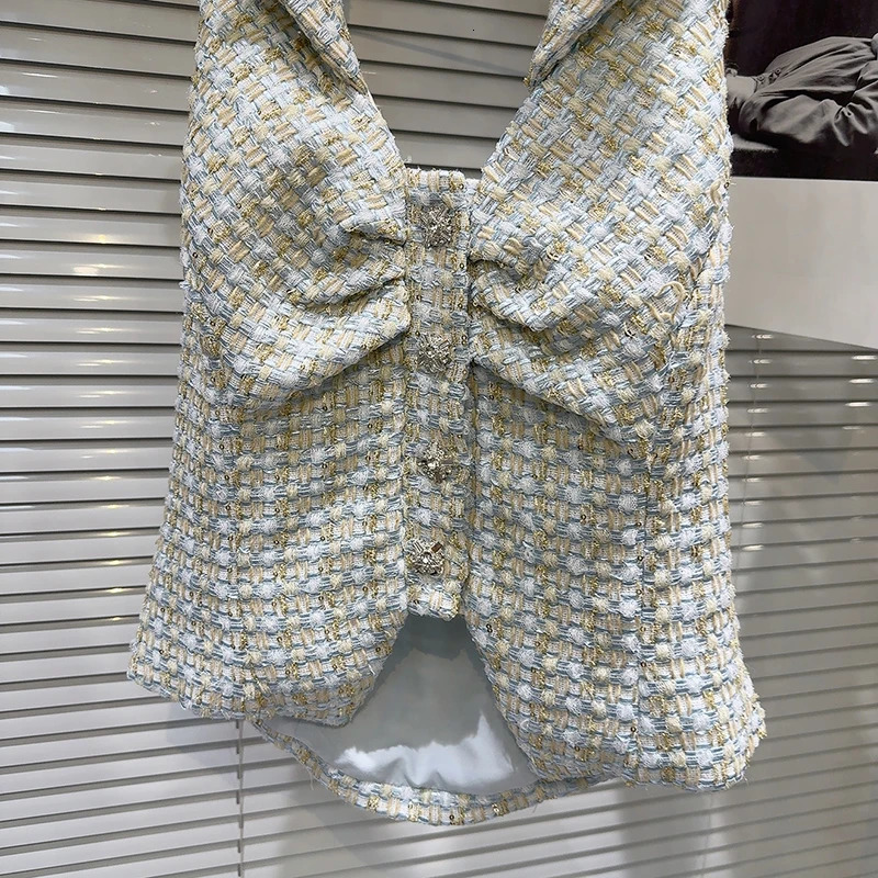 Summer Fashion Twopiece Set for Women Diamond Buckle Hanging Neck Vest Woven Tweed Short Skirt Female 11A04590 250728