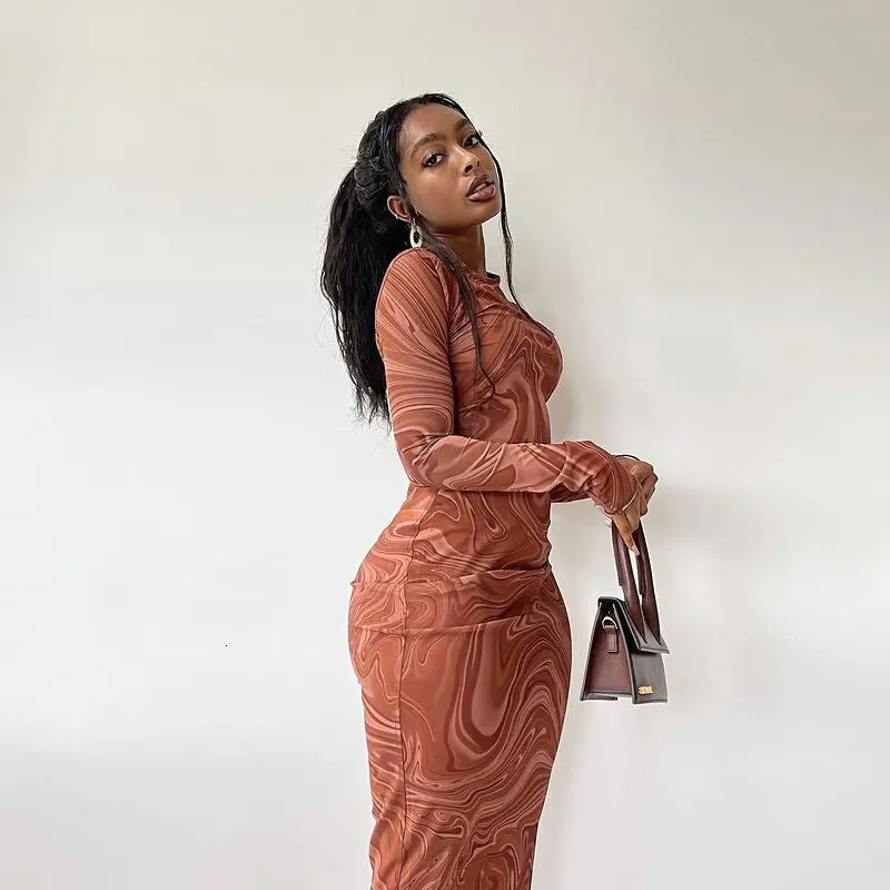 Long Sleeve Bodycon Dresses Women Evening Party Clothes Oneck Mid Calf Sexy for One Piece Outfits Streetwear 250728