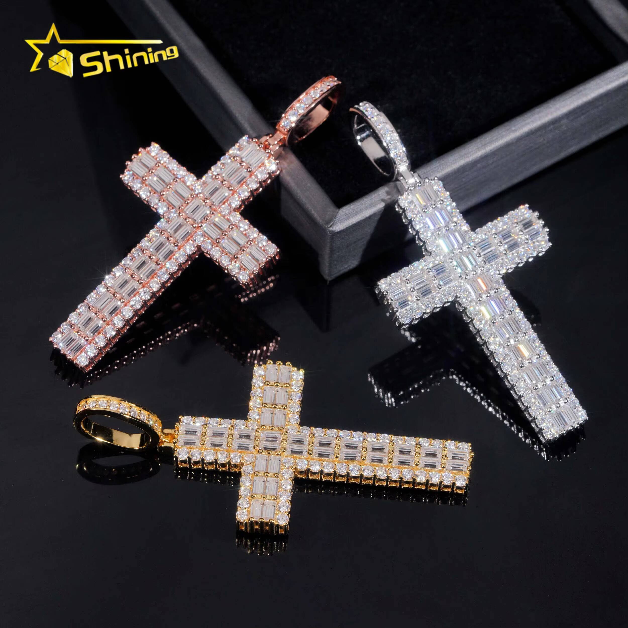 Custom Made Shining Baguette Diamond 925 Silver Cross Mens Hip Hop Iced Out Moissanite Pendant