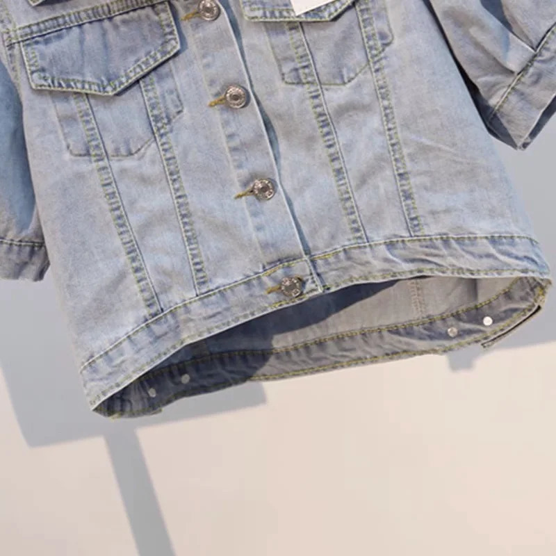 Womens Denim Short Sleeved Jacket Summer Large Size Fashion High Waist Single Breasted Cardigan Puff Sleeve Thin Top 250728