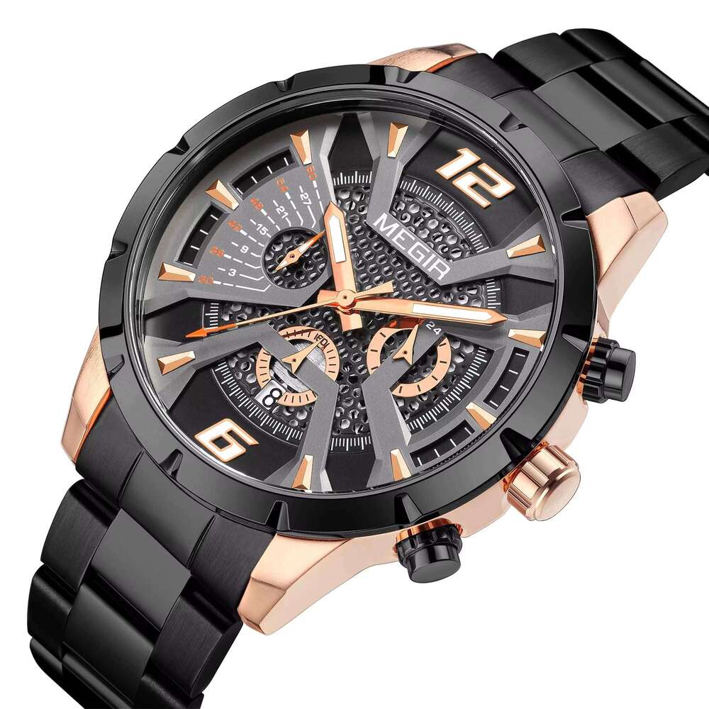 DHgargets MEGIR 2221G Men's Skeleton Chronograph Watch - 47mm Stainless Steel, Waterproof, Luminous, Date, Business Quartz Watch