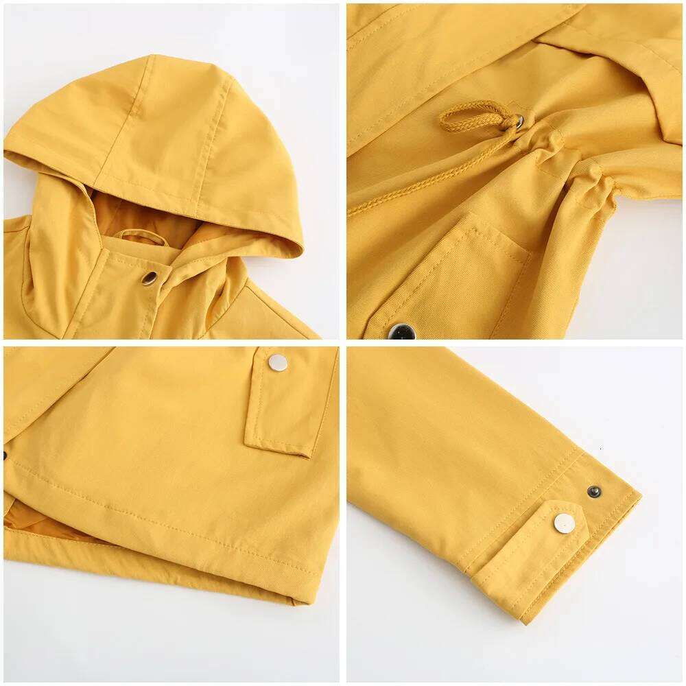 Women's Hooded Windbreaker Jacket Waterproof Zipper Long Sleeve Casual Coat Turndown Collar Pocket Outwear Autumn Jackets Women