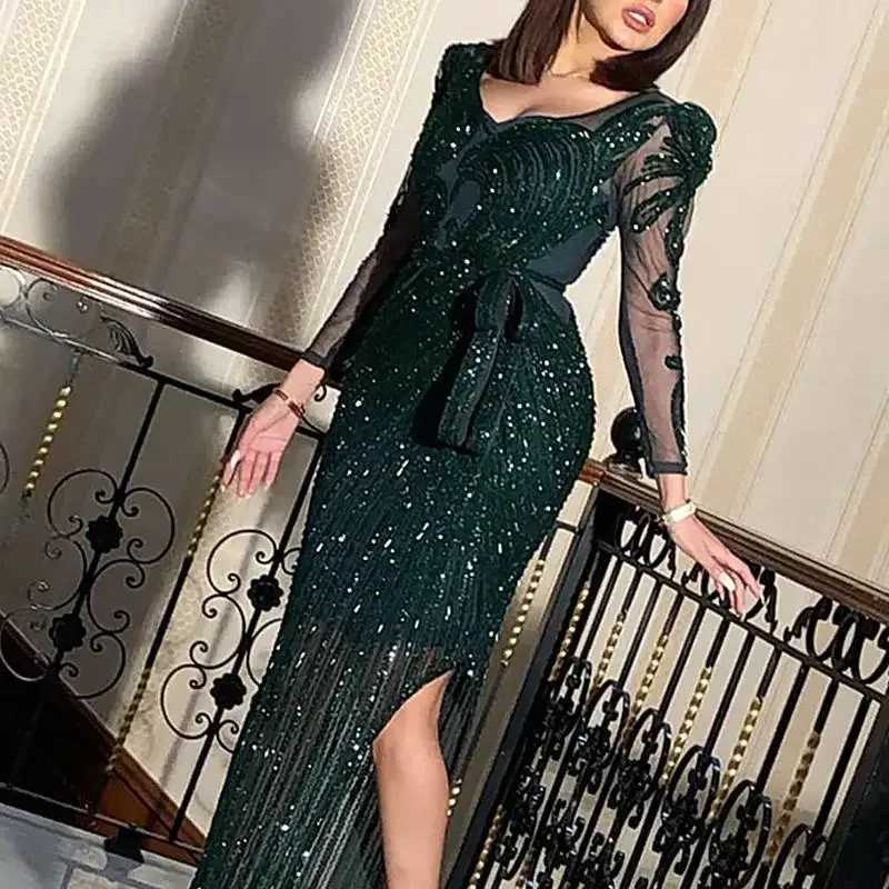 2022 New Fashion V-neck Sparkling Hot Printed Green Long Sleeve Evening Dress Evening Dress for Women party wedding Dresses Z250728