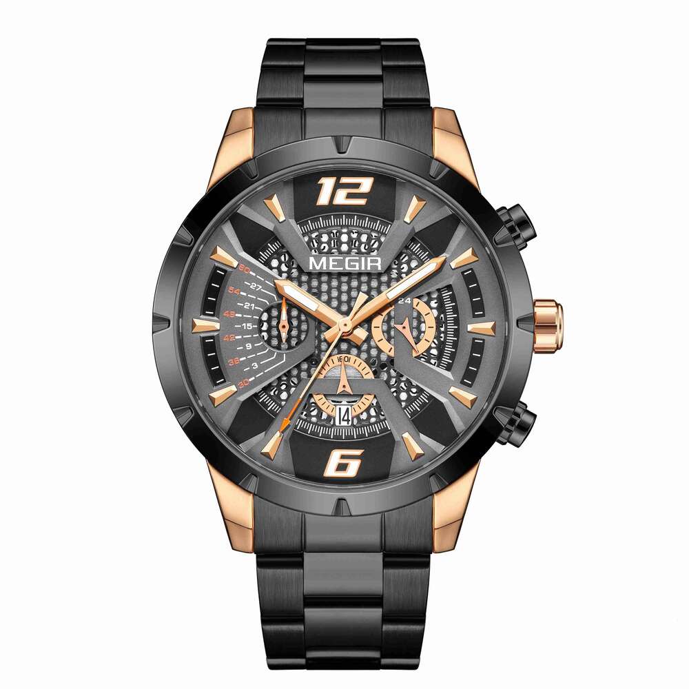 DHgargets MEGIR 2221G Men's Skeleton Chronograph Watch - 47mm Stainless Steel, Waterproof, Luminous, Date, Business Quartz Watch