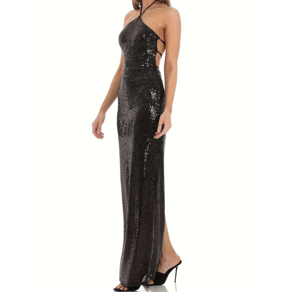 Evening Party Elegant French-Inspired Halter Neck Sequin Gown - Sleeveless, Bodycon Mermaid with Sparkling Details, Perfect for Spring/Summer Adult Wo