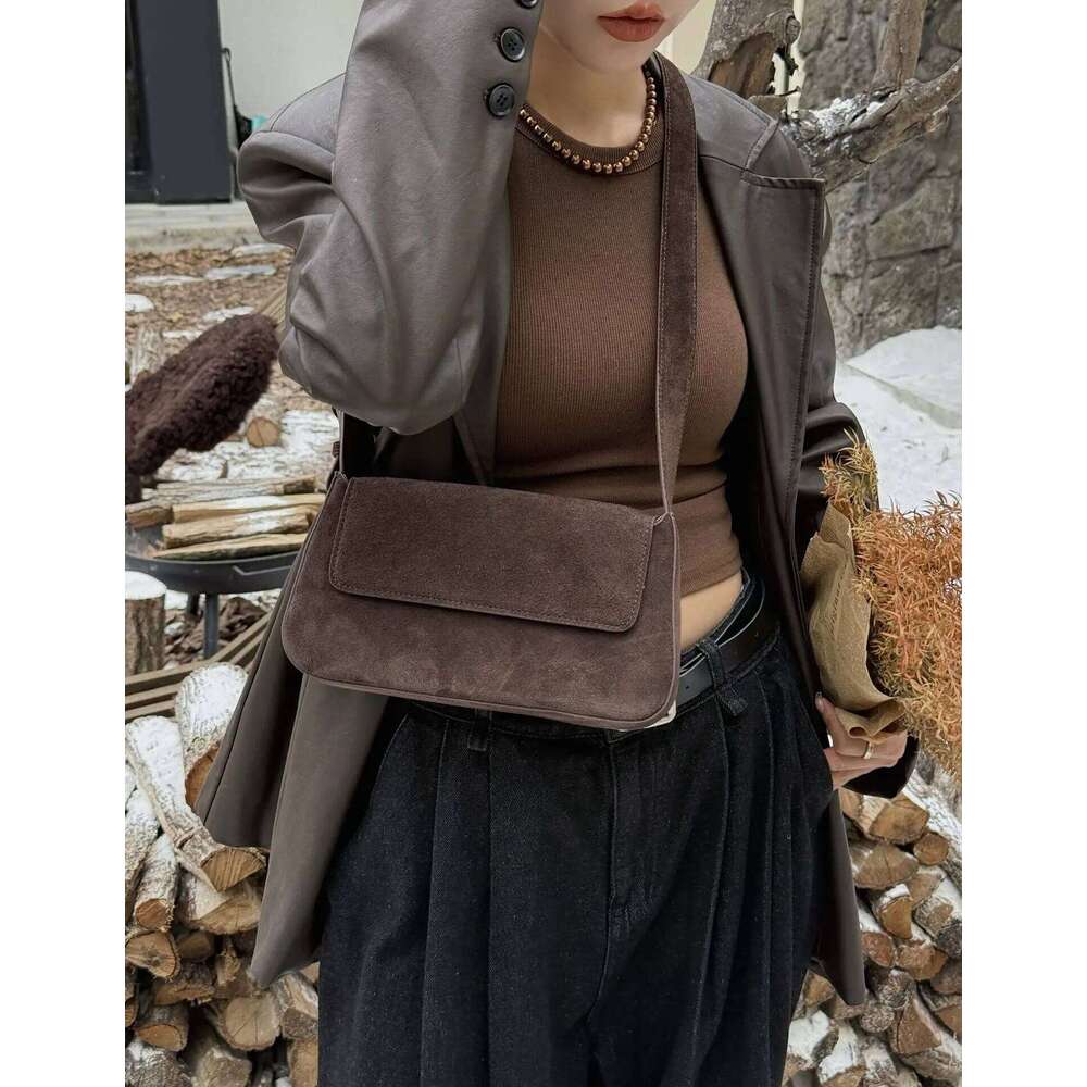 2026 New Frosted Leather Saddle Maroon Coffee Color Daily-use Women Messenger Bag French Stylish Flip Cover Phone Purse