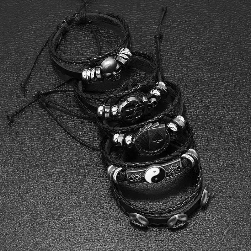 Fashion Black Skull Multi-layer Beaded Hand Leather Bracelet for Men Adjustable DIY Leather Winding Hand Rope Set W250728