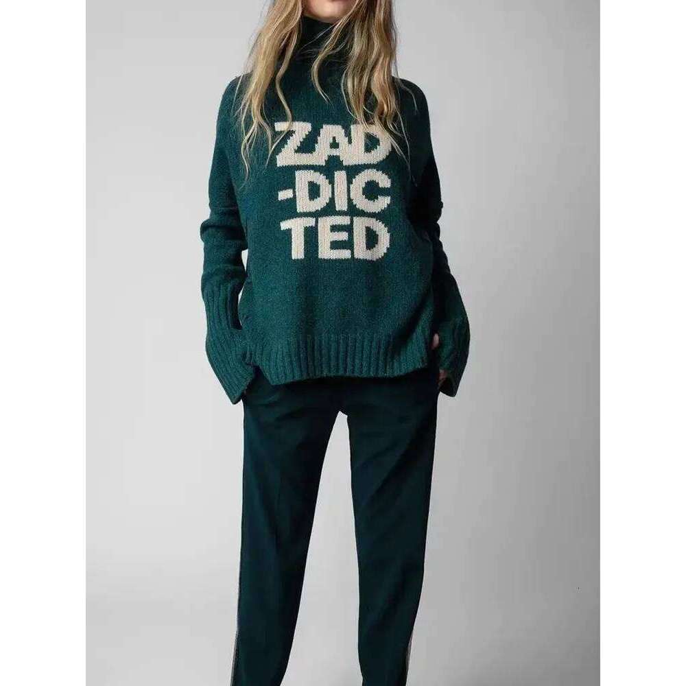 100% Wool Women Letter Print Long Sleeve Cuffs Slit Jumper Sweater Spring New