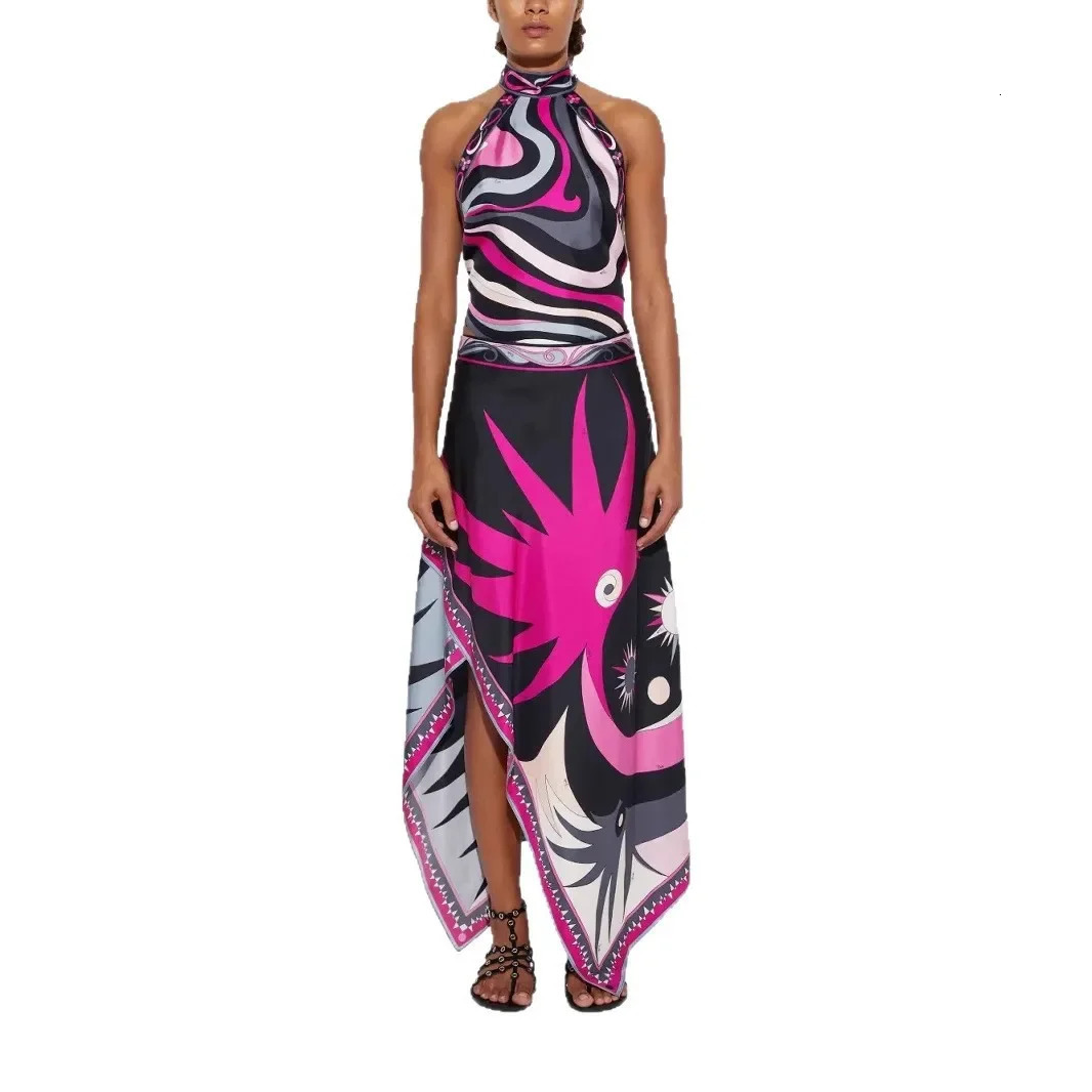 Printed Satin Halter Backless Top and Asymmetrical Mini Skirt TwoPiece Set for Women Elegant Fashionable Ensemble 250728