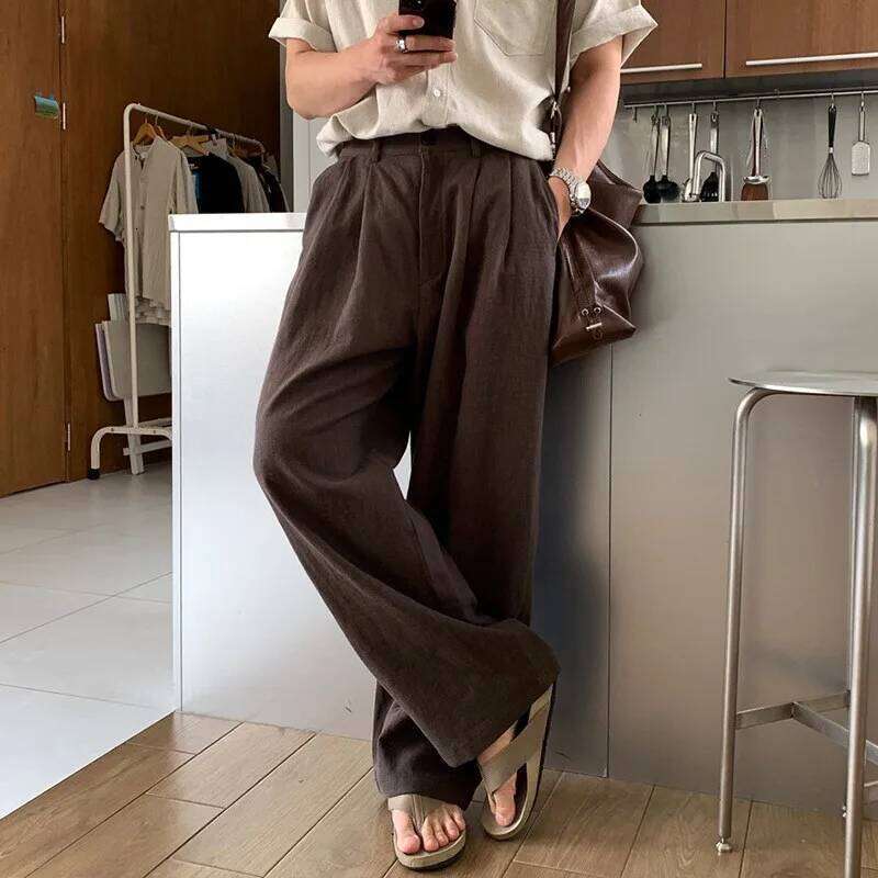 New Japanese Style Men Draped Wide Leg Pants Light Leisure Solid Color Straight Trousers Premium Elegant Sweatpants M-3XL