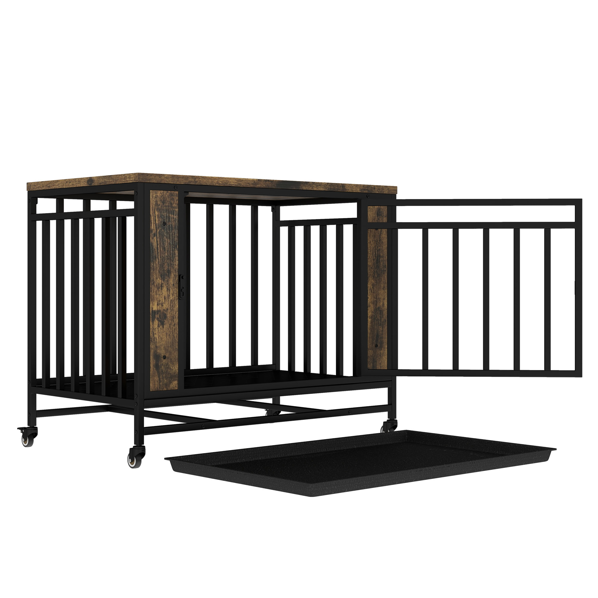 Dog House Furniture Wooden Dog House Dining Table with Iron Door and Tray for Medium Small Dogs Indoors Vintage Wooden Color