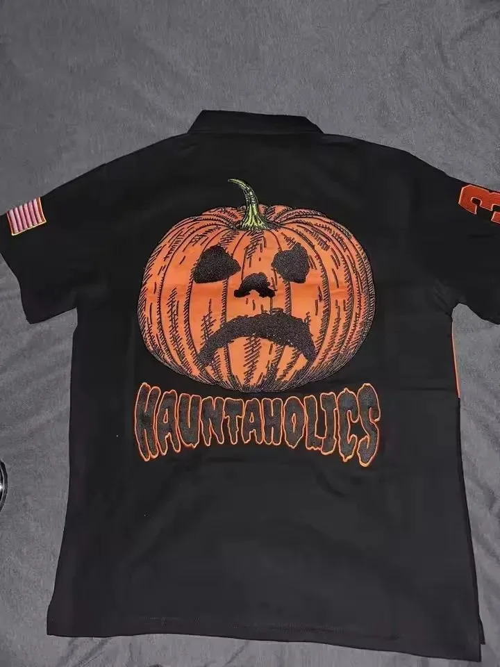 Y2k Haunted Mound Short Sleeve Shirts Collar Retro T-shirt Gothic Pattern Embroider Men Women 2000s Street T-shirt men clothing 250728