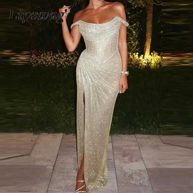 2025 Women Sexy Sliding Shoulder Nightclub Shiny Gowns Pleated High Split Evening Party Dress Elegant Girdling Gala Dresses Z250728