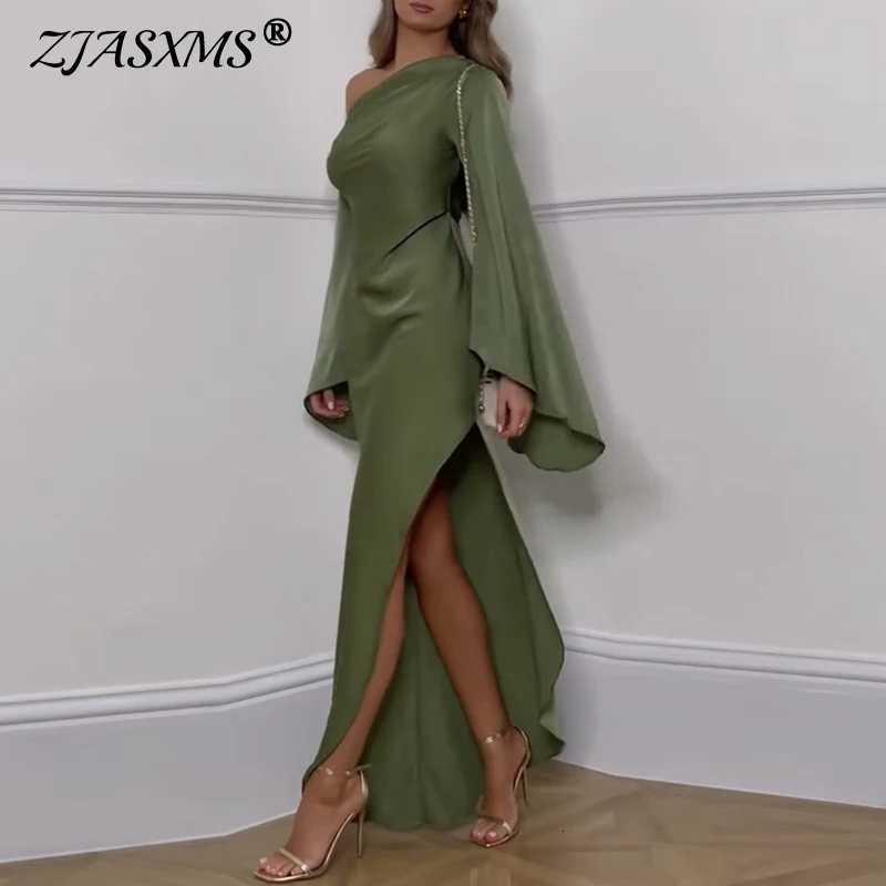 Sexy Oblique Shoulder Solid Irregular Dress Women Elegant Skew Collar Backless Long Dress Autumn Flare Sleeve Slit Party Dresses Z250728