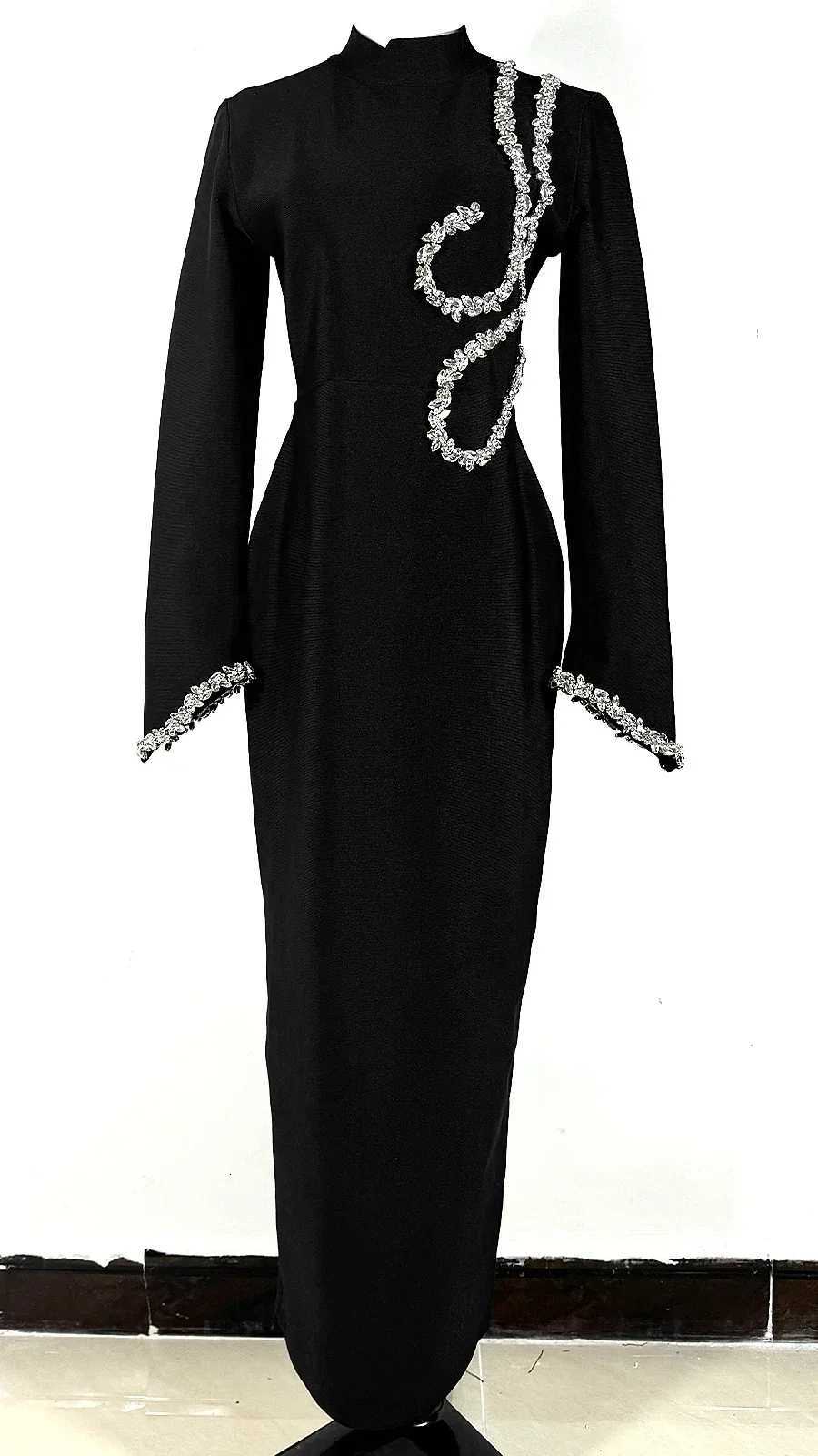 2025 New Black Slim and Slim Beaded Long Sleeve Bandage Dress Long Dress Maxi Dresses for Women Z250728