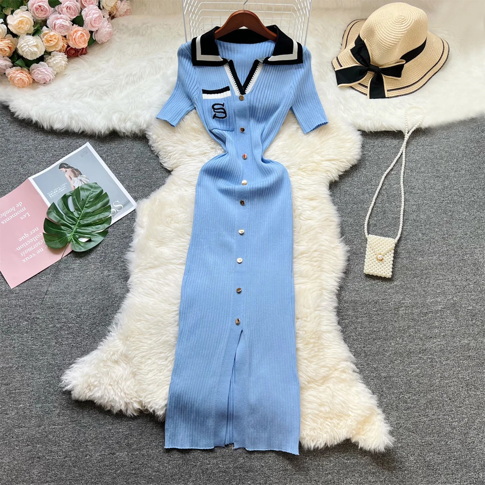 Summer Women Knitted Long Dress Elegant Embroidery Slim Elastic Bodycon Sweater Office Lady Dresses 250728