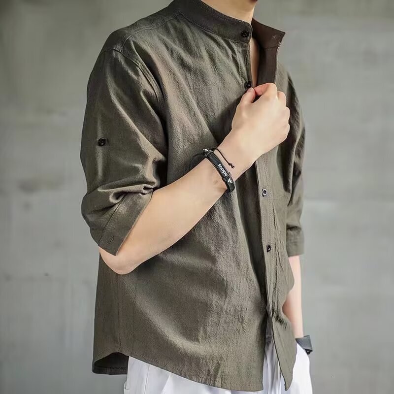 Stand Collar Short Shirt for Men, Summer Trendy Brand, High-end Sense, Stylish Men's Shirt, Plus Size, Three-quarter Sleeve