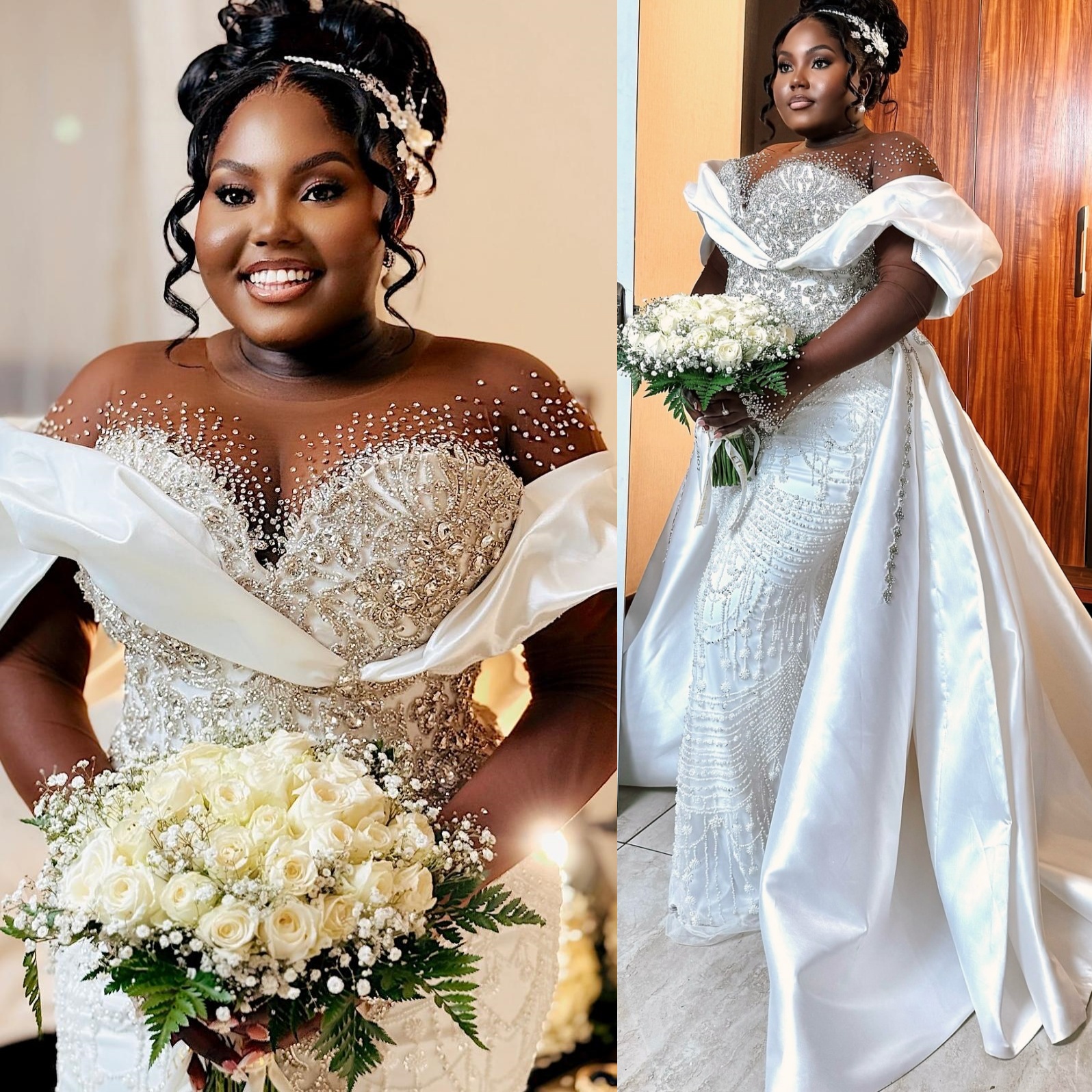 2025 Aso Ebi Plus Size Ivory Mermaid Wedding Dress Beaded Crystals Lace Detachable Train Vintage Sparkly Bridal Gowns Dresses ZJ0678