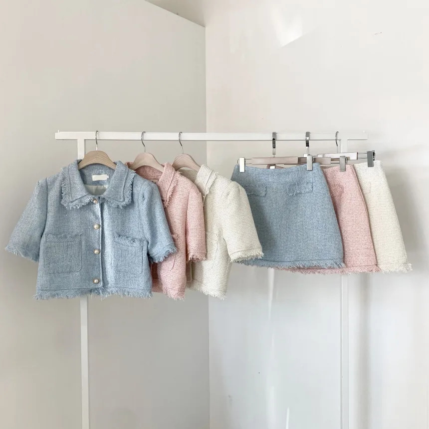 Summer Ladies Blazer Set Skirt Jacket Coat Slim High Waist Skirts Mini Solid Casual Vintage Tweed 2 Piece Set 250728